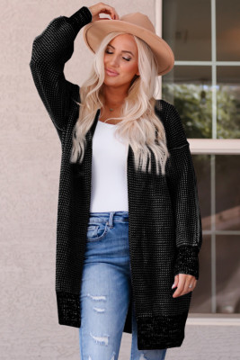 Black Plaid Knitted Long Open Front Cardigan PACK271468-2