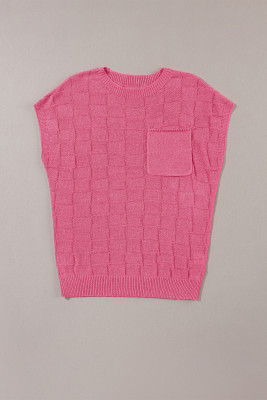 Bright Pink Lattice Textured Knit Short Sleeve Sweater PACK276182-P106