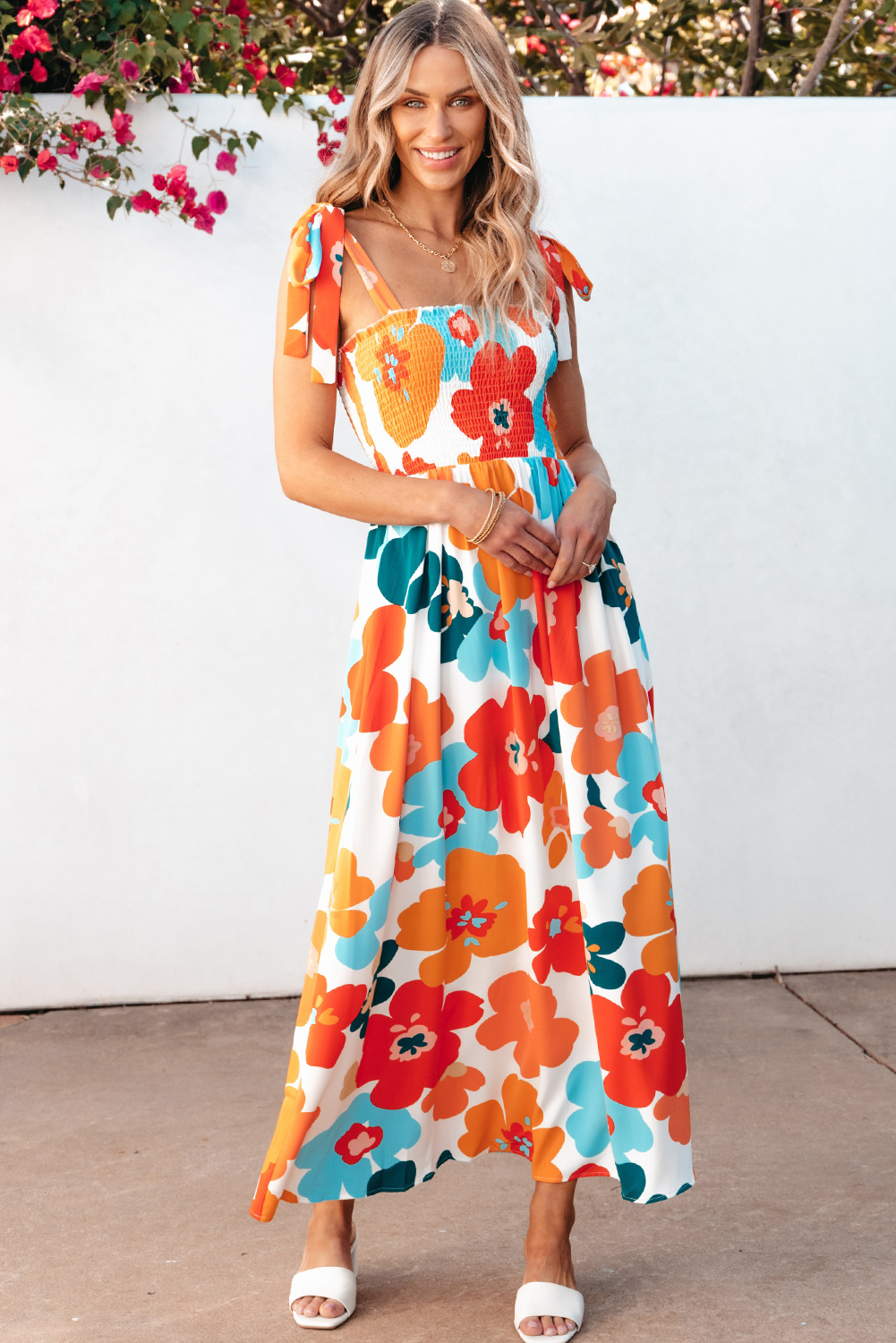 $ 10.7 - Wholesale Orange Floral Self Tied Straps Smocked Bust Maxi Dress