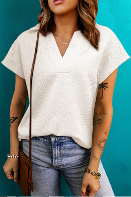 White Textured V Neck Collared Short Sleeve Top PACK25223521-P1