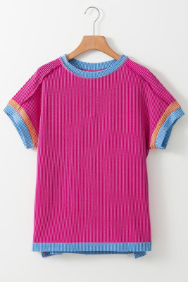 Bright Pink Textured Contrast Trim Round Neck T Shirt PACK25225294-P106