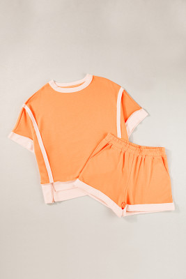 Grapefruit Orange Colorblock Half Sleeve Top and Shorts Set PACK626264-P3014