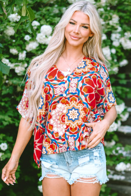 Red Floral Print Batwing Sleeve V Neck Blouse PACK25127298-P320