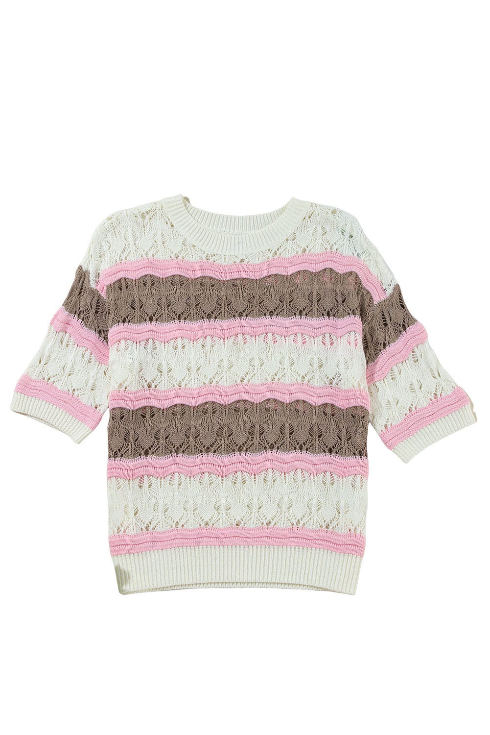 Brown Stripe Color Block Hollow Out Crochet Half Sleeve Sweater
