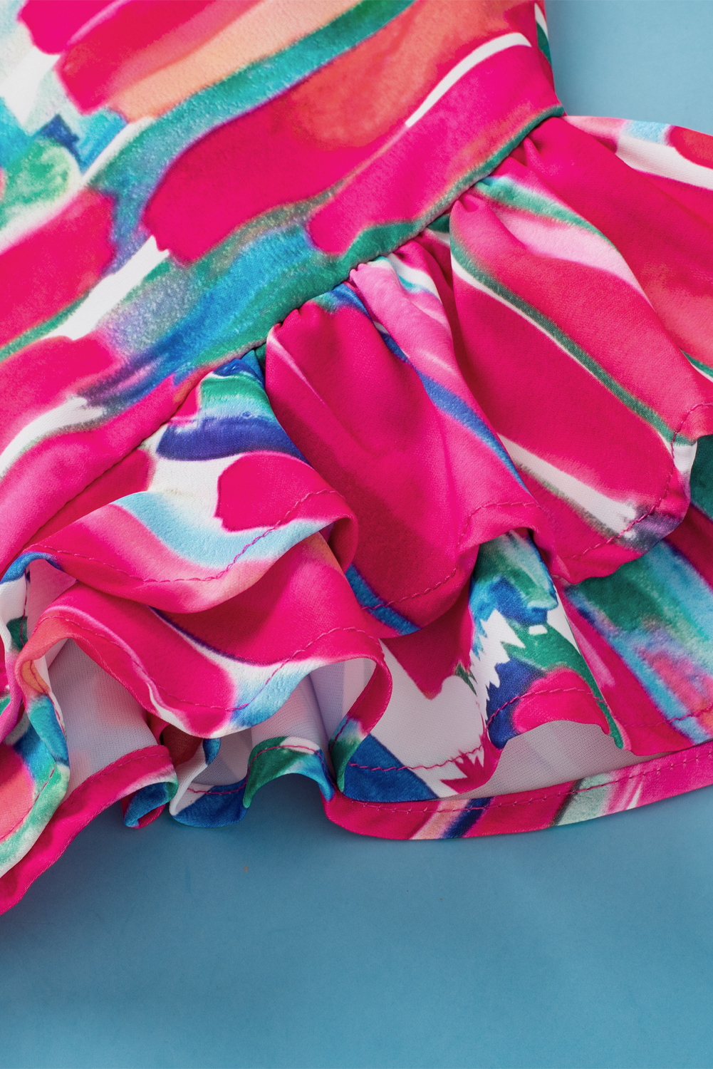 Rose Abstract Brush Print Ruffled Sleeve Frill V Neck Blouse