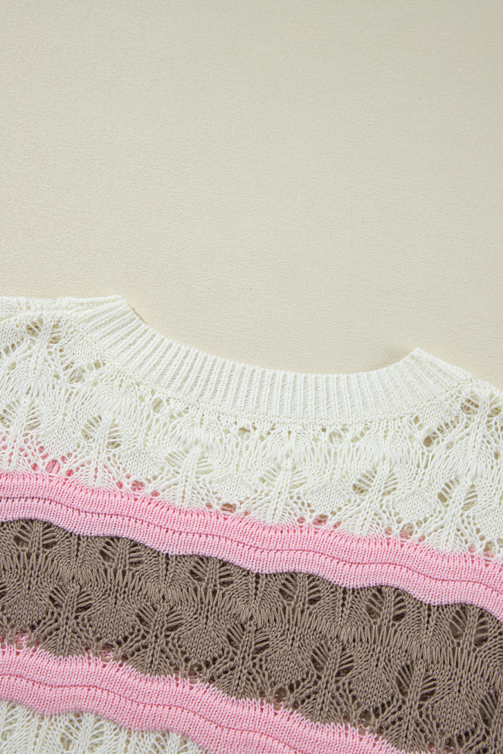 Brown Stripe Color Block Hollow Out Crochet Half Sleeve Sweater