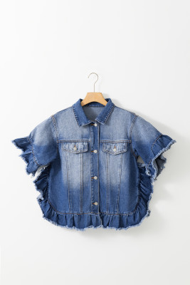 Peacock Blue Raw Edge Ruffled Short Sleeve Denim Jacket PACK7821152-P405