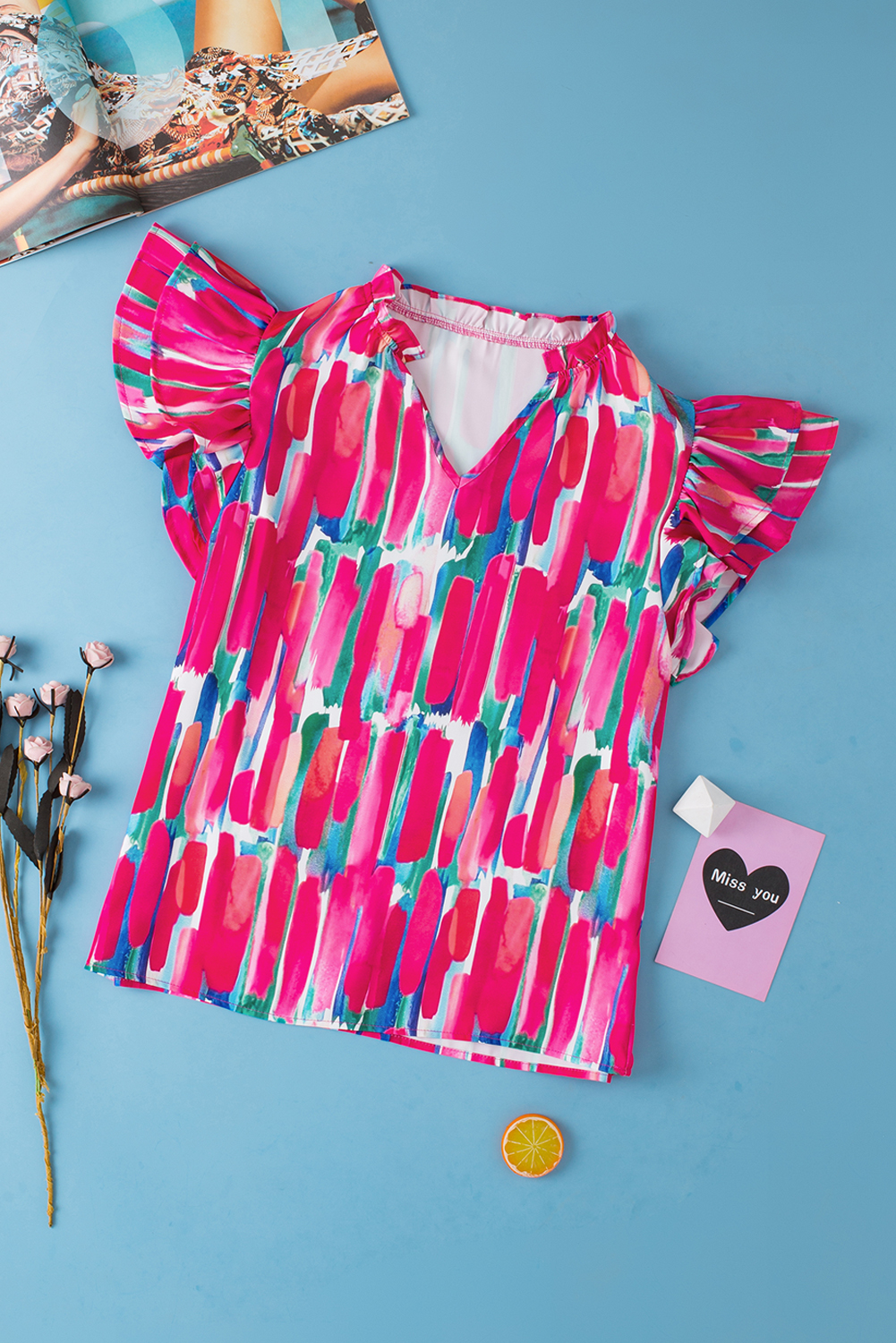 Rose Abstract Brush Print Ruffled Sleeve Frill V Neck Blouse
