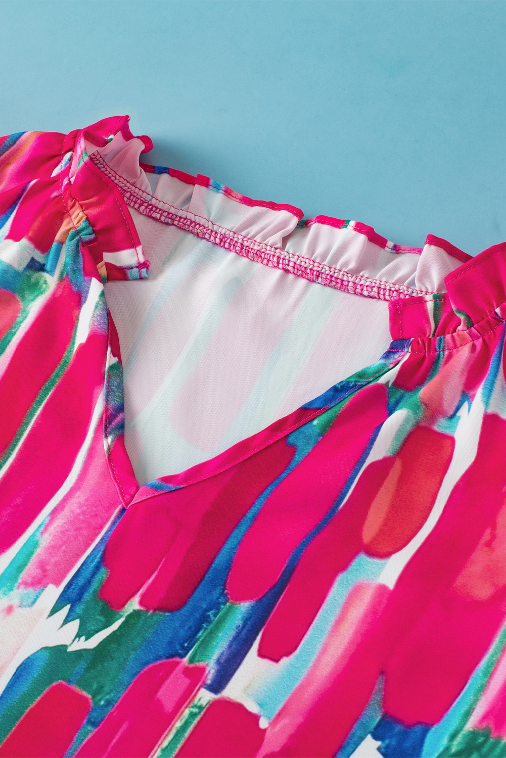 Rose Abstract Brush Print Ruffled Sleeve Frill V Neck Blouse