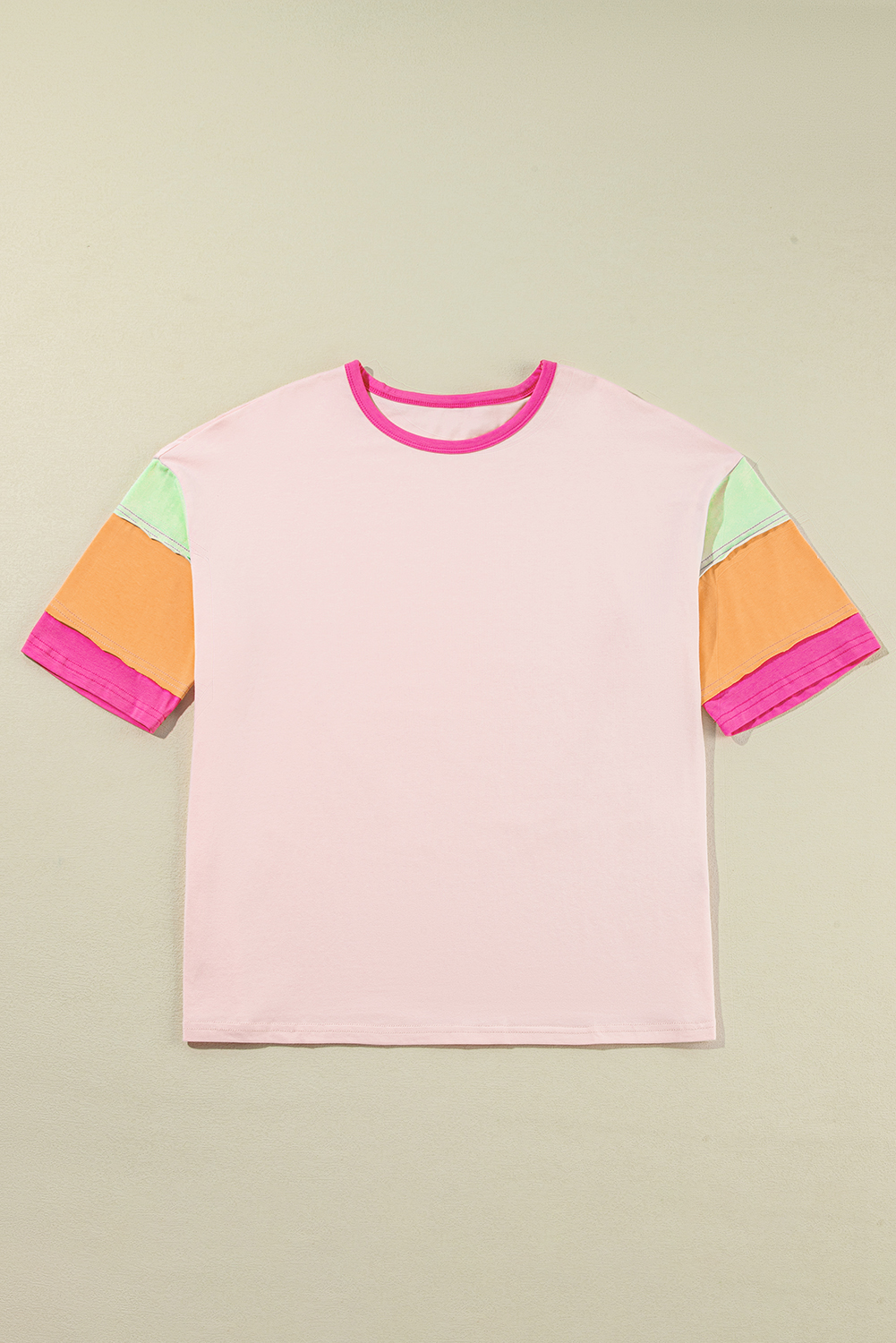 Pink Color Block Stitching Sleeve Round Neck Oversize Top