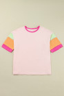 Pink Color Block Stitching Sleeve Round Neck Oversize Top