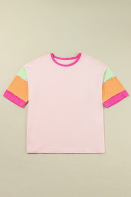 Pink Color Block Stitching Sleeve Round Neck Oversize Top PACK25225570-P1022
