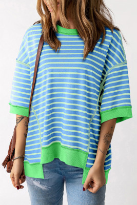 Sky Blue Stripe Oversized Contrast Trim Exposed Seam High Low T Shirt PACK25225034-P419