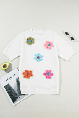 White Cute Flower Applique Short Sleeve Sweater PACK277403-P1