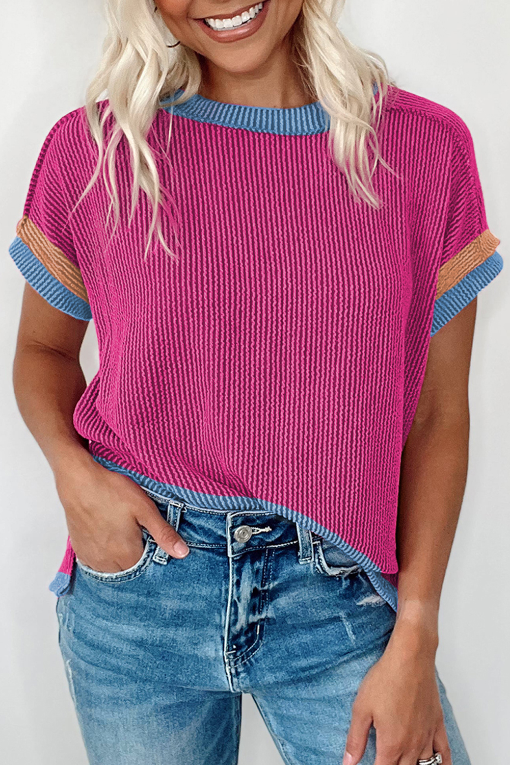 563 Wholesale Bright Pink Textured Contrast Trim Round Neck T Shirt 7387