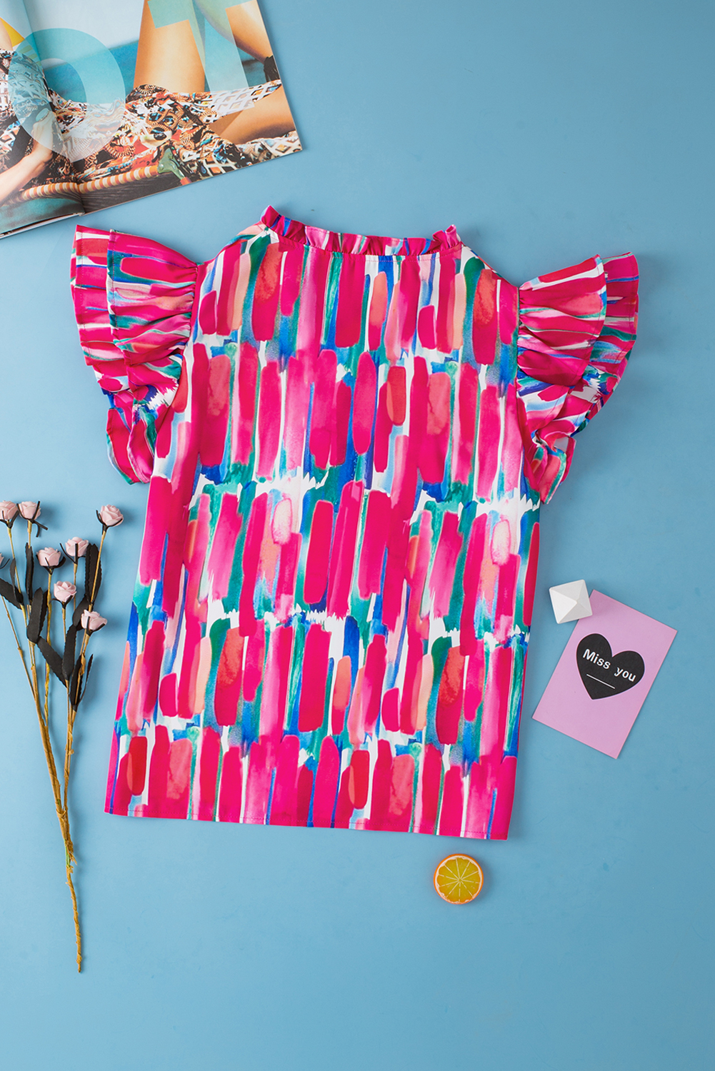 Rose Abstract Brush Print Ruffled Sleeve Frill V Neck Blouse