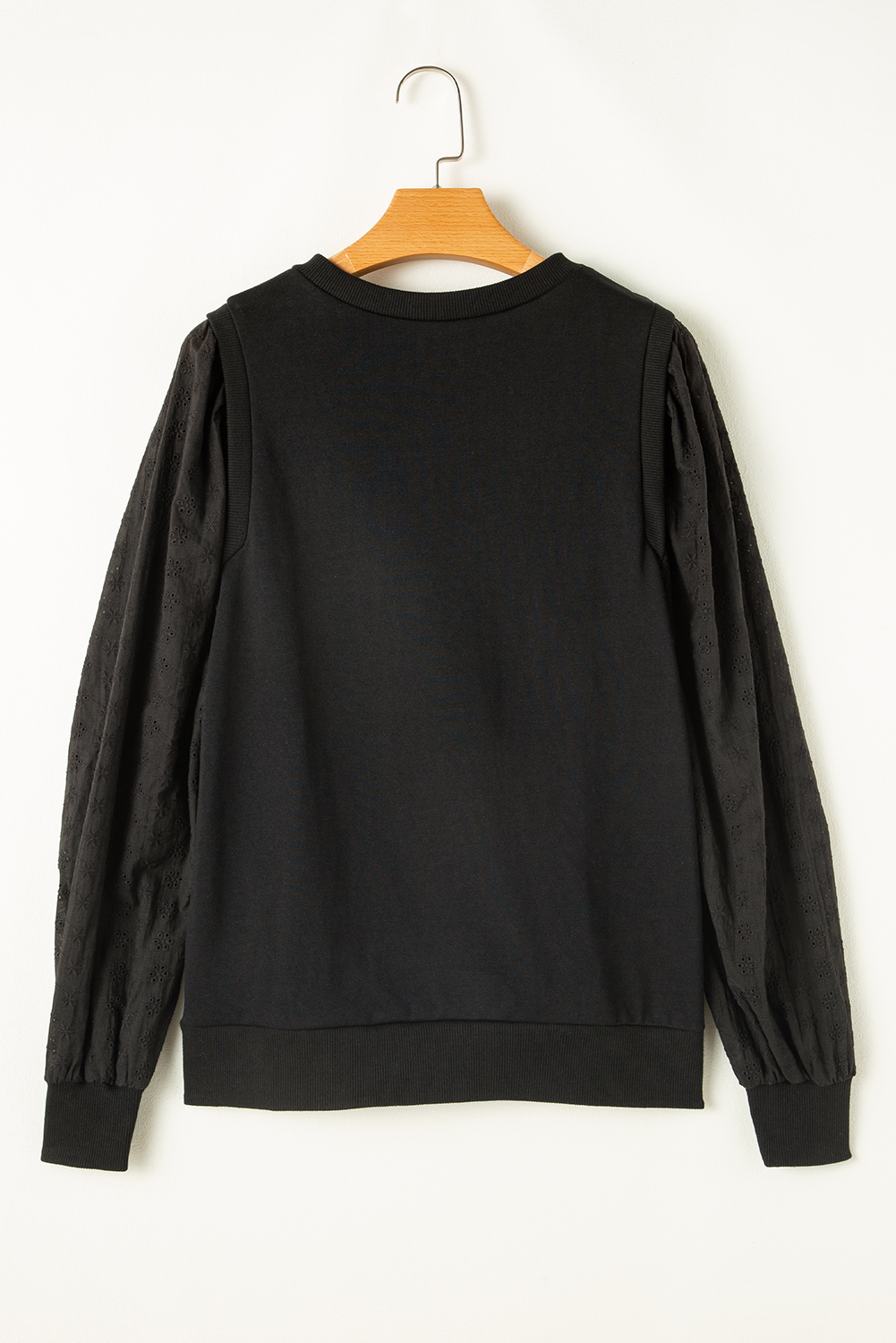 Black Solid Patchwork Sleeve Round Neck Sweatshirt