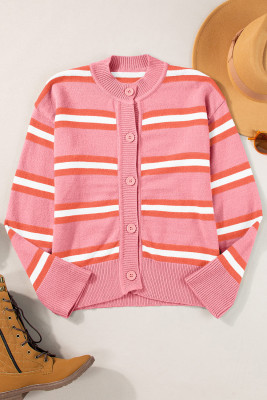 Pink Stripe Drop Shoulder Buttons Cardigan Sweater PACK2711679-P1019