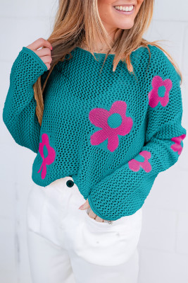 Sea Green Big Flower Hollowed Knit Drop Shoulder Sweater PACK277291-P409