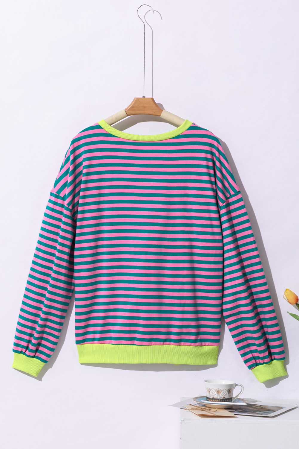 Green Stripe Oversized Contrast Trim Pullover Sweatshirt