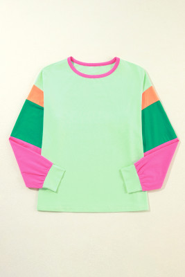 Green Colorblock Patchwork Long Sleeve Loose Top PACK25226088-P922