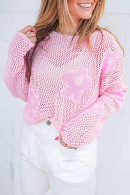 Light Pink Big Flower Hollowed Knit Drop Shoulder Sweater PACK277291-P1010
