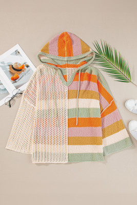 Beige Colorblock Striped Open Knit Patchwork V Neck Hooded Sweater PACK2724858-P1522
