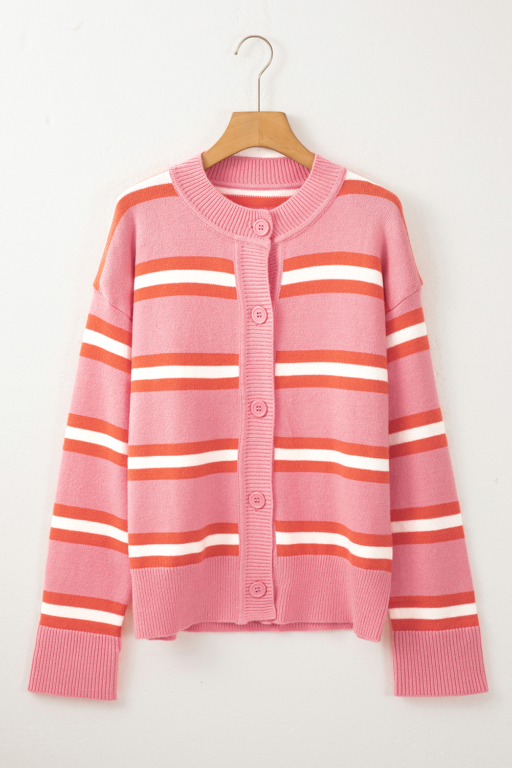 Pink Stripe Drop Shoulder Buttons Cardigan Sweater