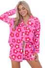 Pink Flower Print Long Sleeve Shirt Shorts Pajamas Set