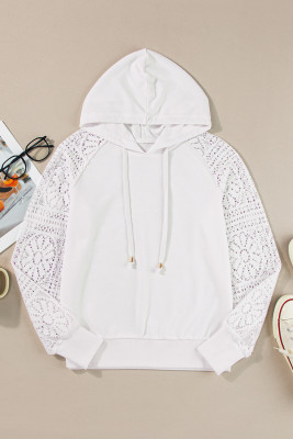 White Lace Patchwork Sleeve Drawstring Hoodie PACK25317331-P1