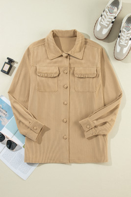 Light French Beige Solid Frilled Flap Pocket Button Up Corduroy Shacket PACK8513326-P4016