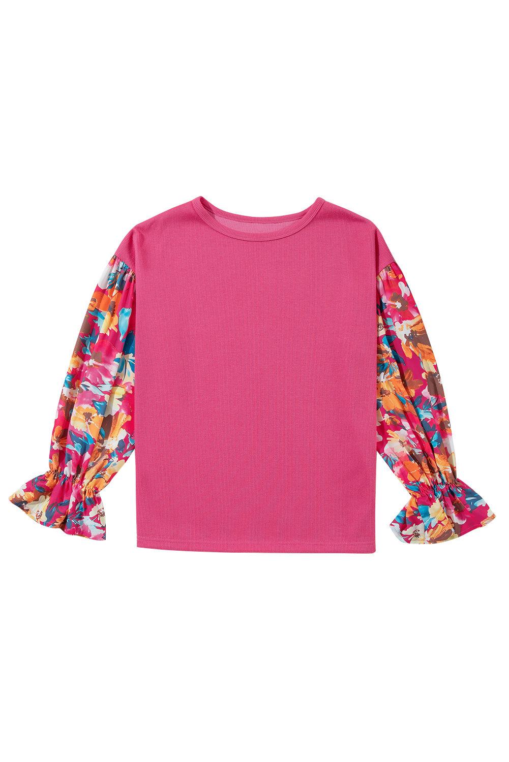 Sachet Pink Flower Patchwork Ruffled Sleeve Ribbed Knit Drop Shoulder Top