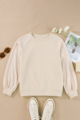 Parchment Eyelet Knit Patchwork Raglan Sleeve Pullover Sweatshirt PACK25317422-P6016