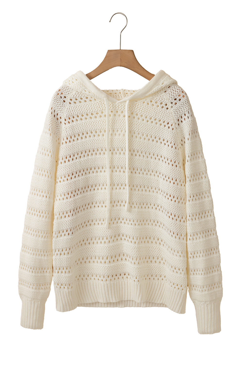 White Pointelle Knit Raglan Sleeve Hooded Sweater