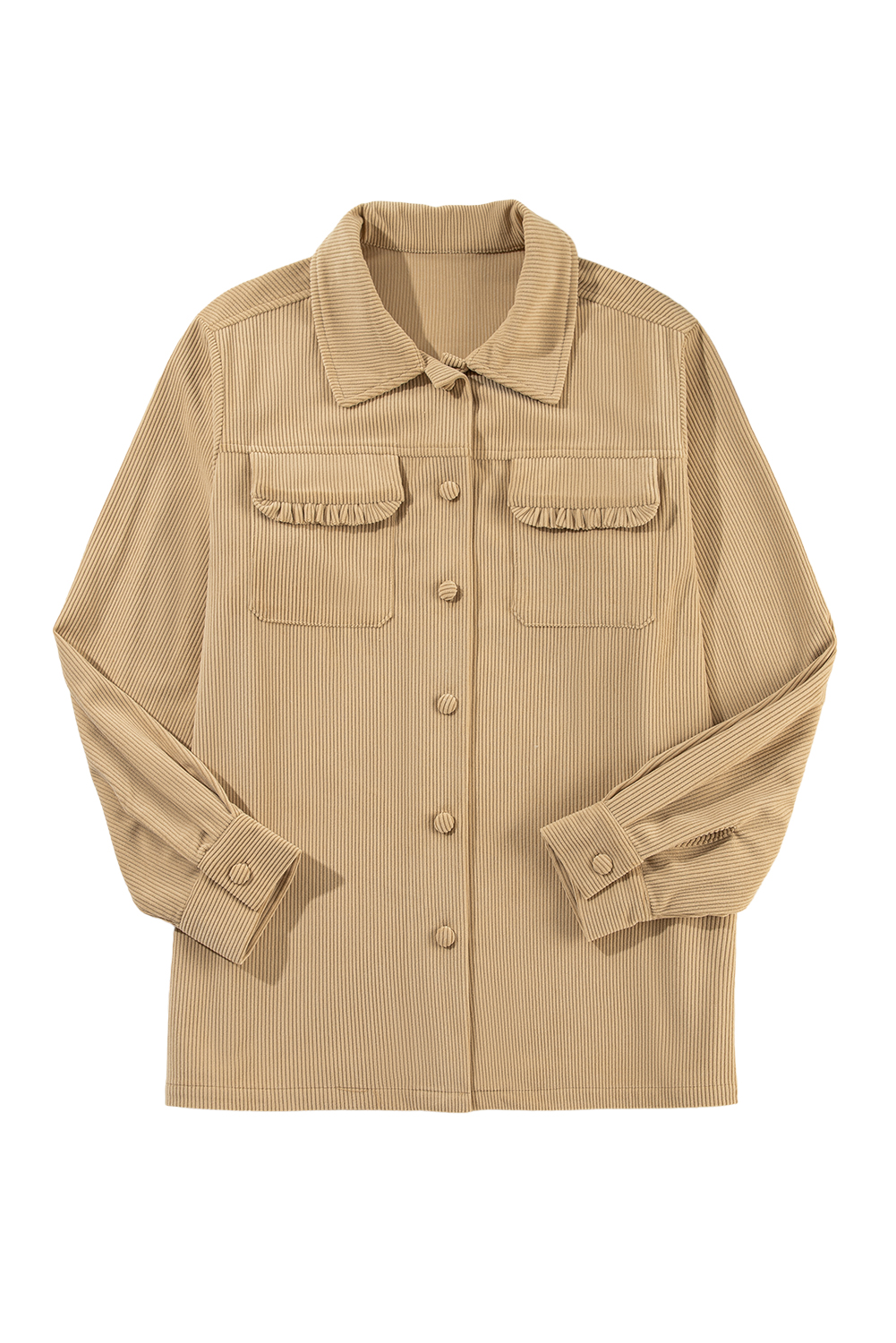 Light French Beige Solid Frilled Flap Pocket Button Up Corduroy Shacket