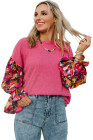 Sachet Pink Flower Patchwork Ruffled Sleeve Ribbed Knit Drop Shoulder Top