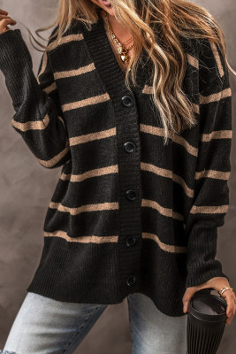 Black Stripe Buttoned V Neck Drop Shoulder Loose Cardigan PACK2711768-P219