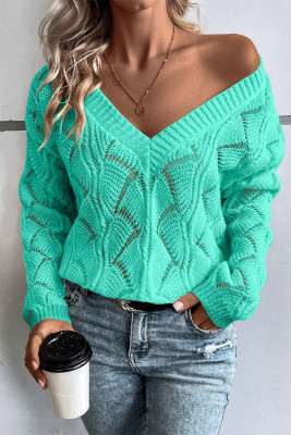 Mint Green Hollow Out Knit V Neck Drop Shoulder Sweater PACK2725100-P1009