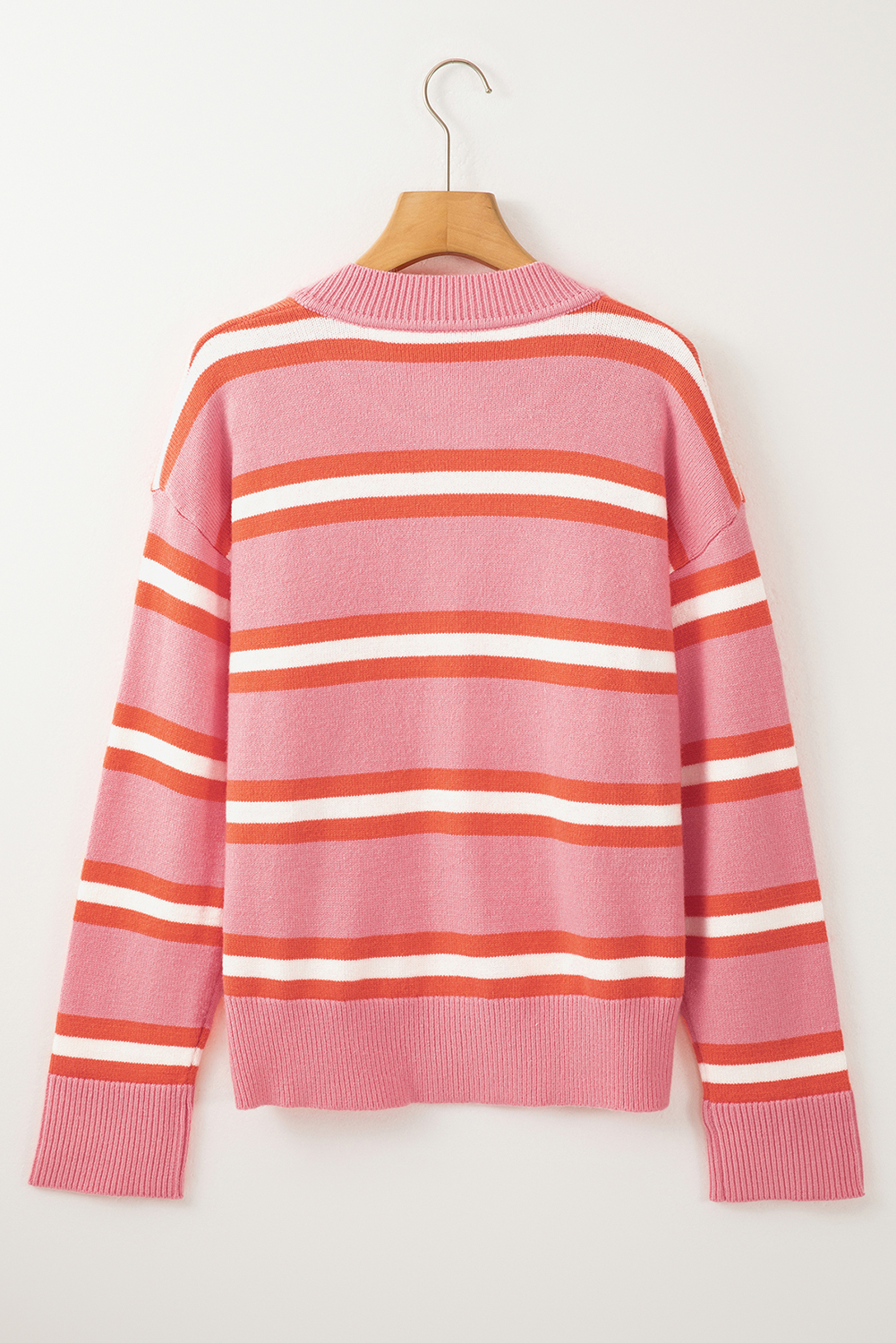 Pink Stripe Drop Shoulder Buttons Cardigan Sweater