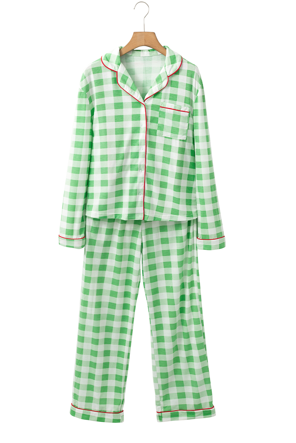 Light Green Christmas Plaid Print Shirt and Pants Pajama Set