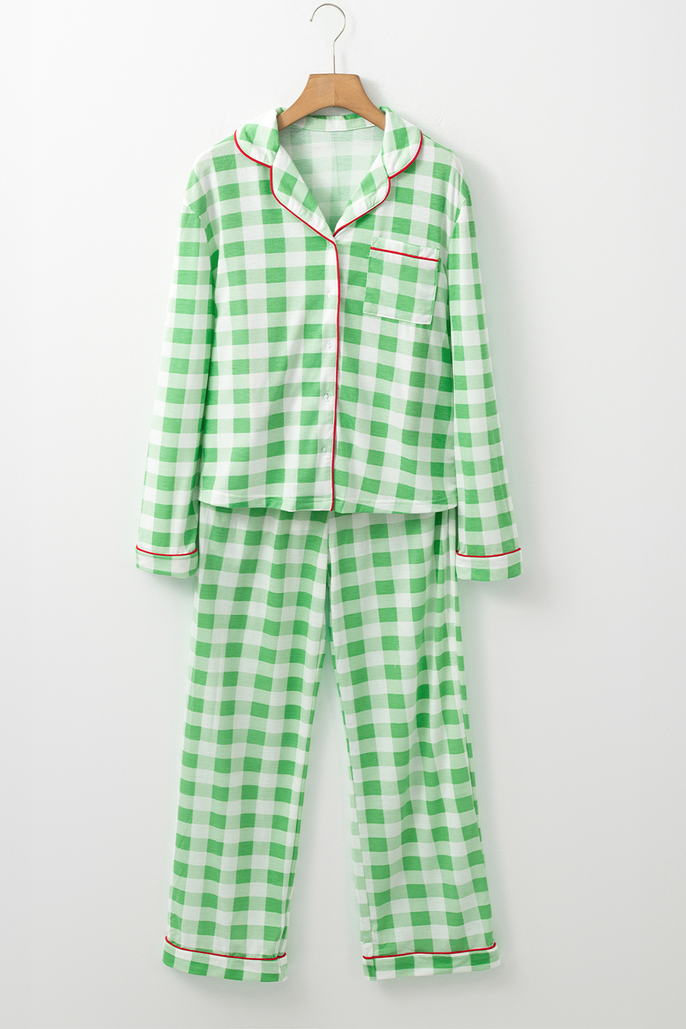 Light Green Christmas Plaid Print Shirt and Pants Pajama Set