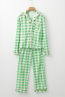 Light Green Christmas Plaid Print Shirt and Pants Pajama Set