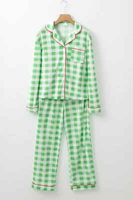 Light Green Christmas Plaid Print Shirt and Pants Pajama Set PACK151066-P809