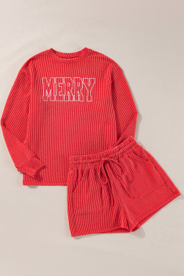 Racing Red Corded MERRY Graphic Long Sleeve Top and Shorts Set PACK151125-P603