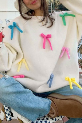 Beige Colorful Bow Knot Decor Crewneck Oversized Sweater PACK2725384-P15