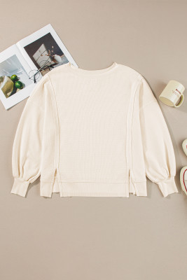 White Waffle Knit Bishop Sleeve Split Oversized Sweatshirt PACK25128307-P1