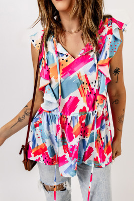 Multicolor Abstract Print V Neck Ruffled Tank PACK2565988-22