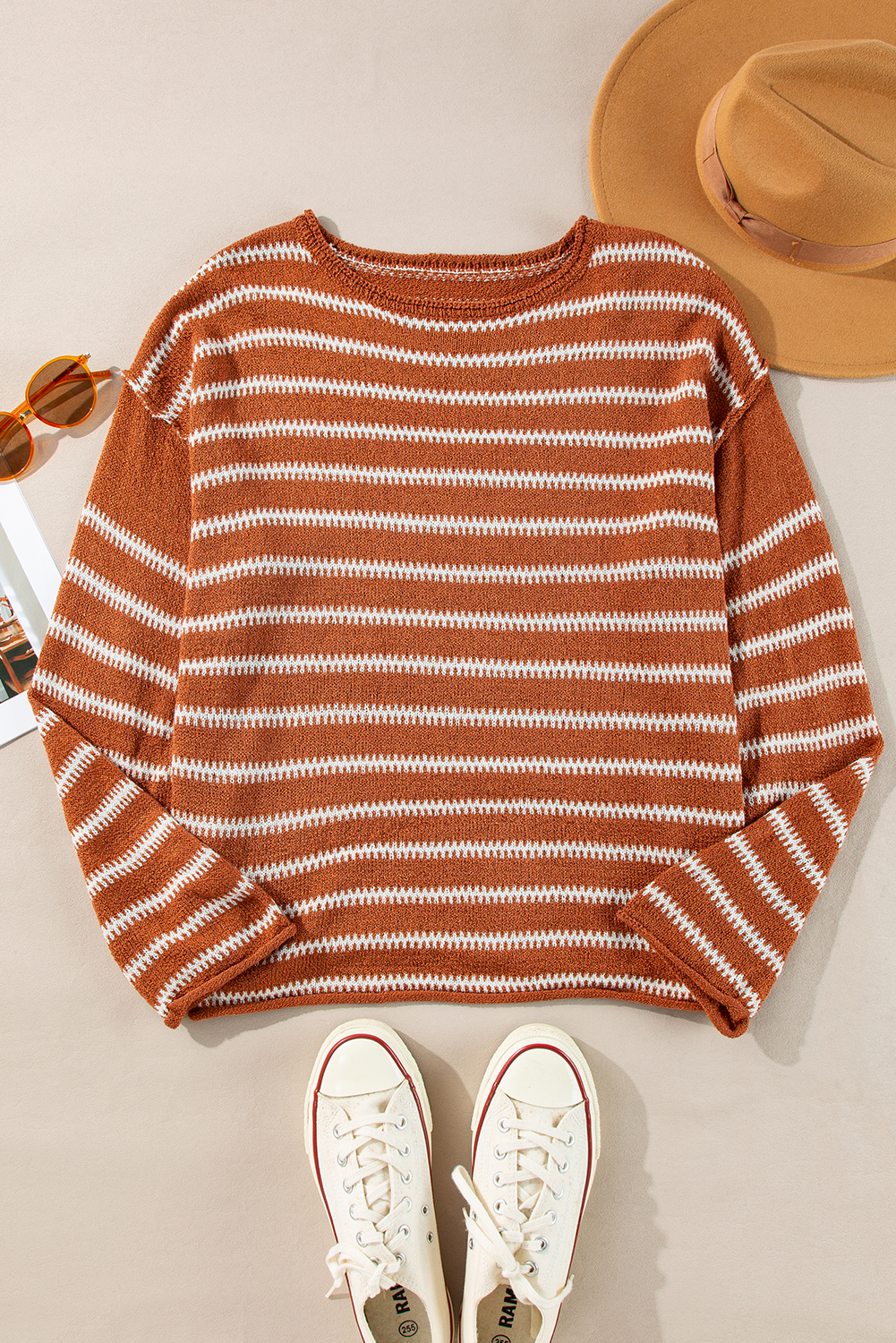 Brown Stripe Drop Shoulder Casual Sweater