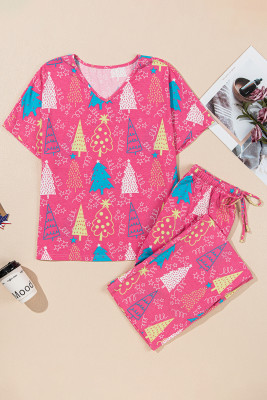 Rose Christmas Tree Print V Neck Tee and Pants Lounge Set PACK151137-P620