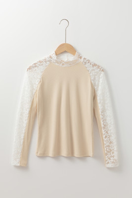 Beige Floral Lace Patchwork Long Sleeve High Neck Slim Top PACK25226767-P15